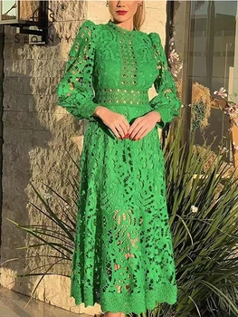 SEQINYY Zaļā Midi Kleitu Pavasara Vasaras Jaunā Modes Dizaina Sievietes Skrejceļa Augstas Iela Vintage Mežģīnes Dobi No A-Līnijas, Elegants