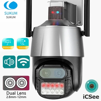 4MP ICSee Dual Objektīvs Āra Kamera Ar WIFI 8X Digitālo Zoom AI Atklāšanas Ūdensizturīgs Bezvadu Drošības PTZ IP Kameras