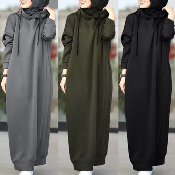 Sieviešu Musulmaņu pelēkā vārna tīrtoņa Krāsu garām Piedurknēm Gadījuma Zaudēt Maxi Kleita Abaya Ghirba Kleita Garš Krekls Vestidos Drēbes