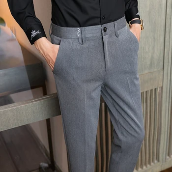 Ir 2021. augstas kvalitātes jaunu cieto krāsu vīriešu uzvalku bikses modes business casual slim-fit formālās valkāt gadījuma deviņu punktu pelēkas bikses