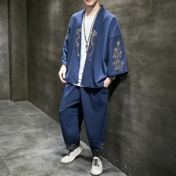 Izšuvumi Kimono Daopao Drēbes Uzvalku Plus Izmērs 4XL 5XL Vasaras Tradicionālā Ķīniešu Apģērba Stilu Orient Tang Hanfu Vīriešiem Komplekti