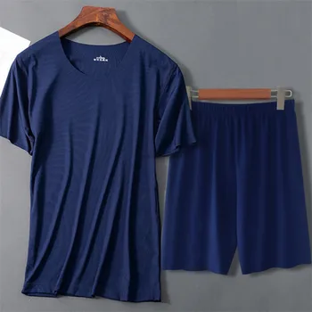 Plus Izmēra 5XL Īsām Piedurknēm T Krekls, Šorti Mājas Drēbes Vīriešiem Pelēka melna zila Ledus Zīda Pidžamu Āra Gadījuma Homewear Komplekti