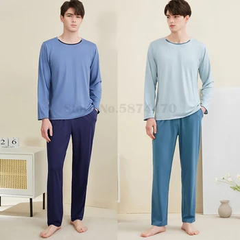 Vīriešu Pidžamas Līdz 2023. gada Rudenī Jaunu Kravu Sleepwear Kopa ar garām Piedurknēm Bikses Naktsveļu Mājas apstākļos, Cietās Vienkārši Loungewear Pijama 3XL
