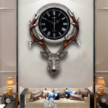 Eiropas stila pulkstenis dzīvojamā istabā radošā retro briežu galvas sienas pulkstenis lievenis mājās apdare izslēgt pulkstenis karājas pie sienas