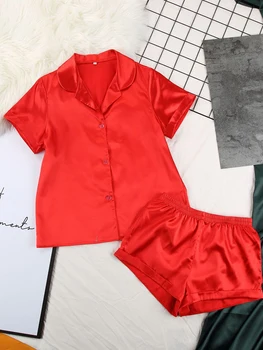 Sieviešu Zīda Pidžamas Komplekts ar Mežģīņu Apdari ar Īsām Piedurknēm Pogu uz Leju Krekls un Elastīga Vidukļa Bikses Loungewear Sleepwear 2-Gabals