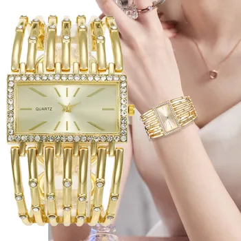 Luksusa Īpašības Sieviešu Modes 2023 Dimanta Taisnstūra Pulksteņi Zelta Sakausējuma Rokassprādze rokas pulksteņi Vienkāršu Dāmas Kvarca Pulkstenis Dāvana