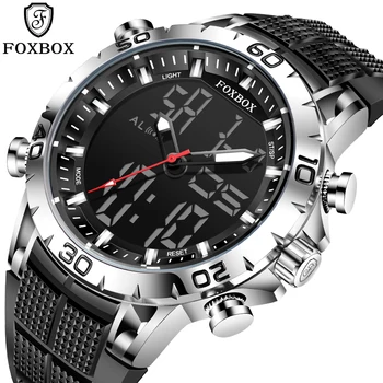 FOXBOX Luksusa Duālais Displejs Vīriešu Pulkstenis Ūdensizturīgs Sporta Skatīties Militāro Cilvēks Modinātājs Hronometrs Kvarca rokas Pulkstenis Vīriešu Digitālais Pulkstenis
