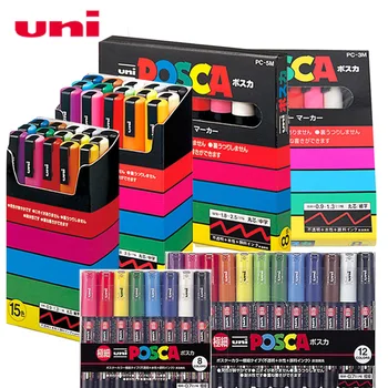 Uni Posca Krāsas Marķieris Pildspalvas Komplekts PC-1M PC-3M PC-5M 7/8/15 POP Plakātu Krāsas uz Ūdens bāzes Pigmenta Tinte ar Oriģinālās Vinila Pen