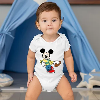 Jaundzimušo Bērnu Apģērbu Piederumi Disney Zīmolam Mickey Futbola Modelis Bodysuit Balts Tot Kokvilnas Elpojošs Apkalpes Kakla ShortSleeves