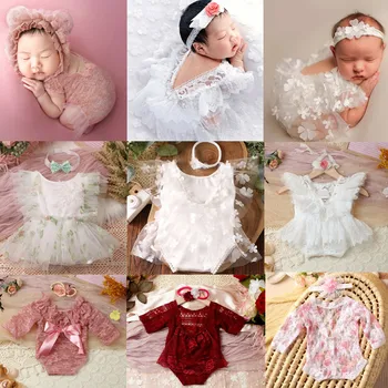 Jaundzimušo Fotogrāfiju Aksesuāri Apģērbs Gudrs Mežģīnes Princese Baby Meitenes Kleita+Zieds Galvu Komplekts Jaundzimušo Meiteņu Foto Šaušana Apģērbi
