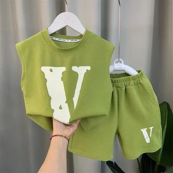 Bērniem Vasarā bez Piedurknēm Krekls+Šorti Cietā 2gab Vēstuli Set Baby Zēnu Drēbes korejas Izklaides Bērniem Golfa Sporta Boutique Tērpiem