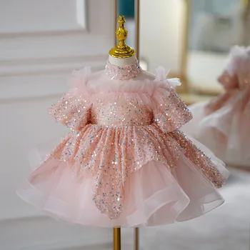 Bērnu 1. dzimšanas dienas kleita Zīdaiņu Meiteņu kleitas 2023 jauno Bērnu Apģērbu Daudzslāņu Kleita vizuļi Puff Piedurknēm Bērniem Kleitas