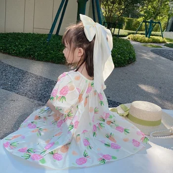 Kleita Meitenēm Vasaras Bērnu apģērbi Bubble Sleeve Drukāšanas Svaigi Īsām Piedurknēm Kleita Princese Kleita Jauns Kleitas