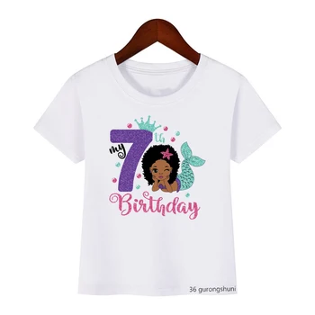 Sirēna Melnās Meitenes Tshirt1-9. Dzimšanas dienu Digitālās Drukas Meitene Drēbes Bērniem Dzimšanas dienas Dāvanu T Gudrs Melanīna Meiteņu T-Krekls Top