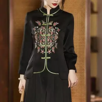 Pavasara Vintage Ķīniešu Stilā Qipao Pogu Elegants Hanfu Uzlabota Izšūti Cheongsam Tang Uzvalks Blūze Sievietēm