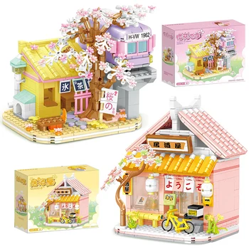 Radošā Izakaya Sakura Koka Māju Celtniecības Bloki Pilsētas Street View Cherry Blossom Vilciena Modelis Mini Ķieģeļi Rotaļlietas Bērniem Dāvanas