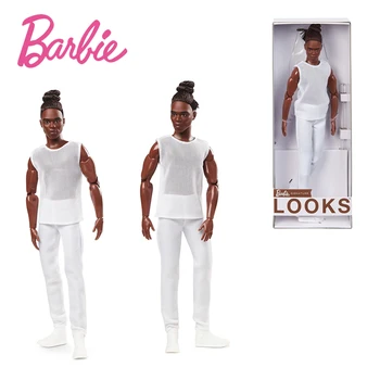 Barbie Paraksts Izskatās Lelle Kens Brunete ar Bizītes Bun Frizūra Pilnībā Posable Modes Lelle Valkā Baltu Kreklu & Bikses Dāvanu