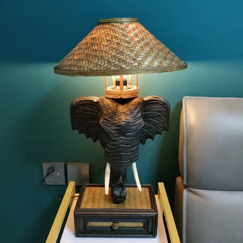 Taizemes Ziloņu Galvas Galda Lampa Dienvidaustrumu Āzijā Koka Griešanai Galda Lampas Guļamistabas Bambusa ar Rokām austi Apdares Tabula Gaismas