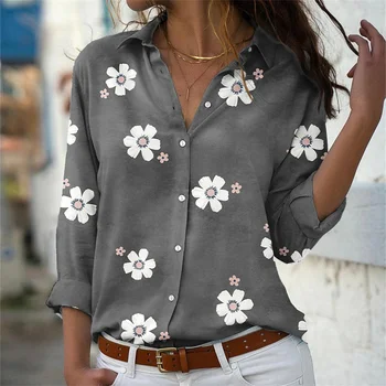 Rudens Gadījuma Sievietes, Pelēks Krekls Ar Garām Piedurknēm Modes Sieviešu Krekli Ziedi Print Drēbes Topi Ir 2021. Pavasara Streetwear Zaudēt Blūze