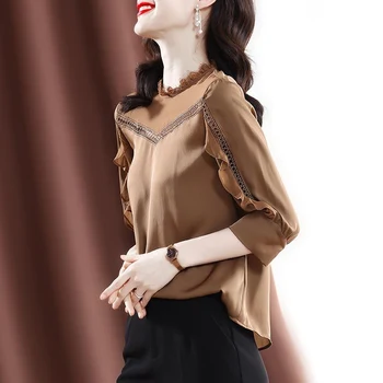 Augstas Kvalitātes Elegants Modes Šiks Mežģīnes Dobi Savirmot Biroja Dāma Šifona Sieviešu Krekls Korejas Cietā Zaudēt Blūze Top Blusas Mujer