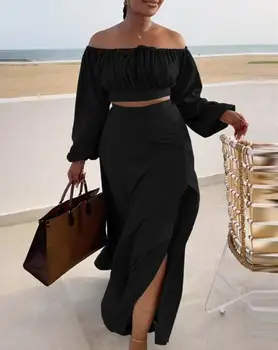 Modes Iela Sieviešu Taisni, Mīksti Svārki Uzstādīt Pavasara Vasaras Sieviešu Apģērbu Ruched Laternu Piedurknēm Top & Sexy Šķeltas Malas Komplekts