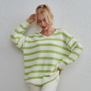 2023 rudens un ziemas jauno sieviešu modes V-veida kakla džemperis svītrainām brīvs džemperis džemperis