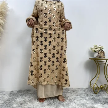Muslīnu Abaya Sievietēm, Dubaija 2023 Jaunā Luksusa Sequin Fringed Apaļu Kakla Musulmaņu Sieviešu-line Pilna uzliku Kleita Ramadāna Islāma