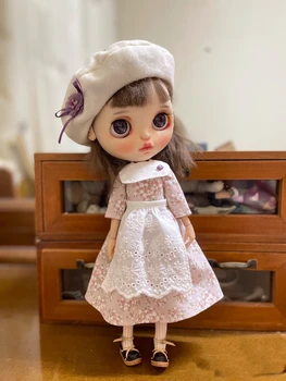 Pieci gabals uzvalks Blythe drēbes, Vintage Kleita Rozā Ziedu Berete svārki 1/6 30cm BJD anime meitene (Fit Pullip,Ob24, Licca)