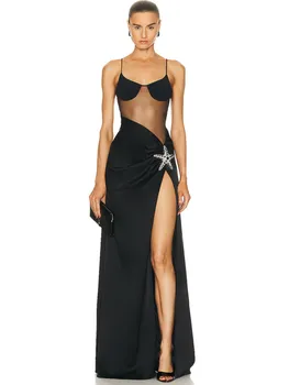 Vasaras Sieviešu Modes Sieviešu Sexy V Kakla Starfish Black Sadalīt Maxi Ilgi Pārsējs Kleitu Elegants Vakarā Klubā Puse Kleita
