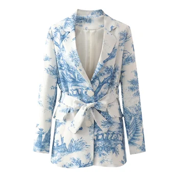 elegants sieviešu zilā un baltā drukāšanas žakete 2023 Jaunu modes dāmas Ķīniešu stila tērpi gadījuma sieviešu vērtnes žakete šiks Jaka