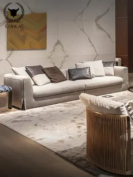Radošā džentlmenis itālijas gaismas luksusa villa, viesistaba, liels, trīs vai četras personas, ādas dīvāns minimālisma auduma dīvāns