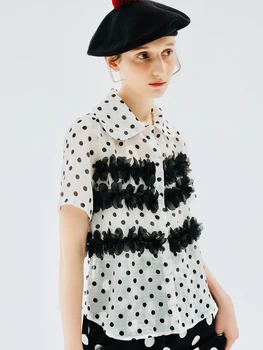 imakokoni Polka-dot mežģīnes POLO apkakli, īsām piedurknēm krekls sieviešu jauno vasaras dizaina sajūta, nišu 234192