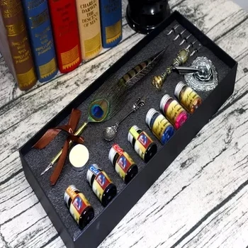 Eiropas retro stila spalva pildspalvu Uguns krāsas ar zīmogu kancelejas preces Tuvās pildspalvas Tintes Pildspalvas komplekts dāvanu kastē krāsu tintes