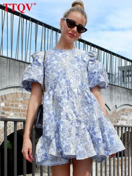 TTQV Modes Blue Print Sieviešu Kleita 2023 Elegants O-veida Kakla Dobi No Aukliņu Kleitas Gadījuma Augsta Vidukļa Kroku Mini Kleitas