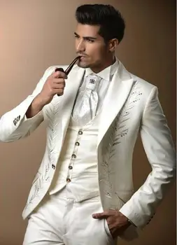 Slim Fit Izšuvumi Balts Līgavainis Tuxedos Vīriešu Biznesa Apģērba Puse Balli Žakete Tērpi Pasūtījuma MadeJacketpantsVest