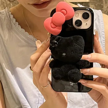 Sanrio Hello Kitty Telefonu Gadījumā ar Melnu Plīša Kaķis Turētājs IPhone 14 13 12 Pro Max Ultra-plānas Anti-fall Triecienizturīgs Aizmugurējo Vāciņu