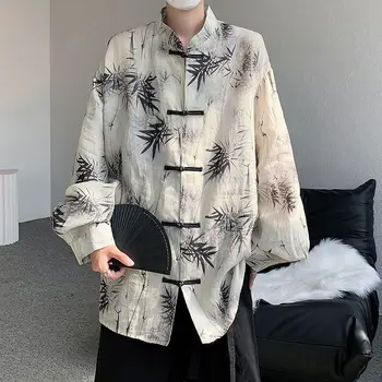 Modes Stand Apkakli Bambusa Lapu Tintes Drukā Ilgi Piedurknēm Tang Uzvalks, Krekls Vīriešiem Vasarā Vintage Moderns Saules Aizsardzību, Apģērbs