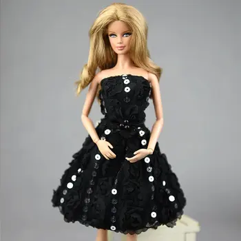 Modes Black Sequin Rose Puķu Lelle Kleita Barbie Lelles Drēbes Nost, Plecu Puse Tērpu Apģērbs Vestidos 1/6 BJD Piederumi