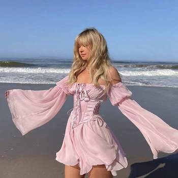 Sievietes Pasaku Rozā Šifona Mini Kleita Šiks Pārsējs Korsešu Vintage Ilgi Puff Piedurknēm Sundress Slash Kakla Līgavas Bodycon Beach