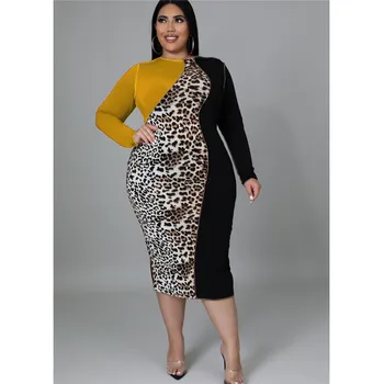 Sieviešu Kleita Leopards Izšūšanas Atšķirībā Drukāt Bodycon Kleita Rudens Pavasara Jaunu Modes garām Piedurknēm Plus Lieluma Sieviešu Apģērbu