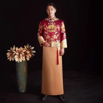 2022 Ķīniešu Stilā Tradicionālā Kāzu Kleita Vīriešiem Cheongsam Vintage Sarkans Pūķis, Izšuvumi Qipao
